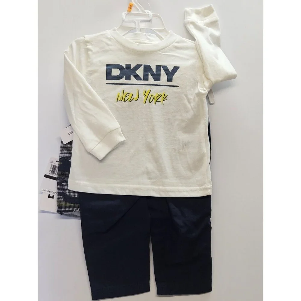 DKNY  Size 12 M Set Of 3, Green- Blue Vest/ Blue Pants/ Cream Long‎ Sleeve Print